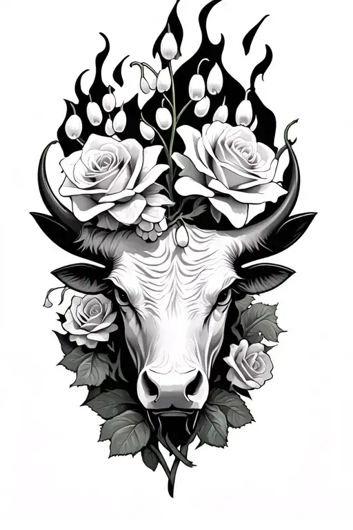 Lily Of The Valley Intertwined Mixed With Roses And Fire Underneath Fierce Bull Head