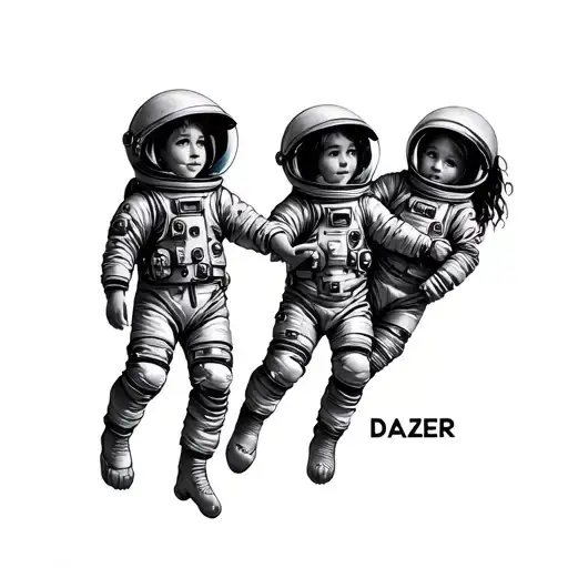 Small Tattoo With Three Little Girl Astronauts Holding Hands And Floating Together With Name Dagzer