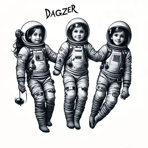 Small Tattoo With Three Little Girl Astronauts Holding Hands And Floating Together With Name Dagzer