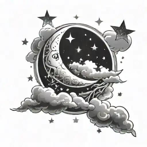 Crescent Moon Surrounded By Clouds And Sparkly Stars
