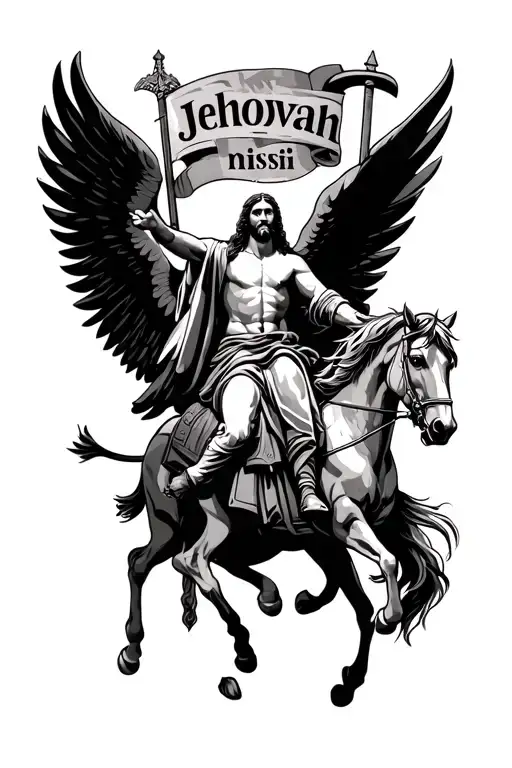Jesus As A Warriro On A Winged Horse With A Banner Going Across That Says Jehovah Nissi