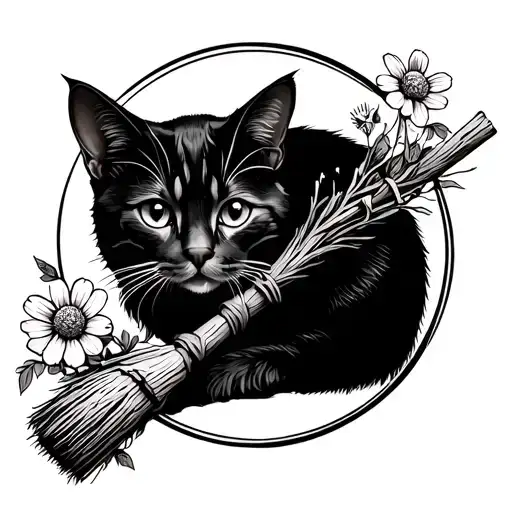 Circle Drawing Of Cat And Broomstick With Wildflowers
