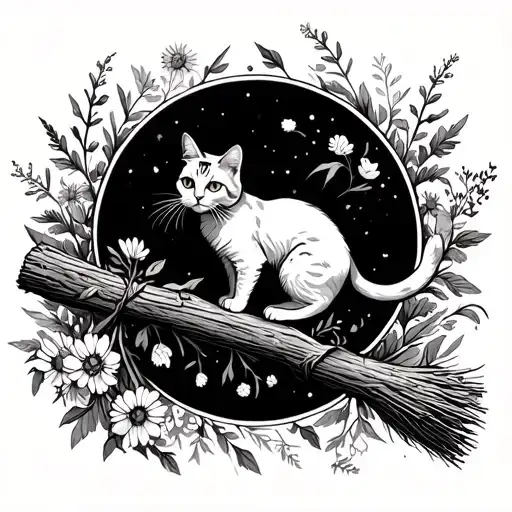 Circle Drawing With Cat On A Broomstick With Wildflowers