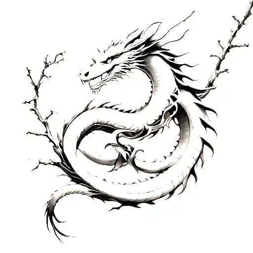 A Long Thin Tattoo Of A Thin Small Japanese Dragon Circling Around And Behind The Sakura Branches