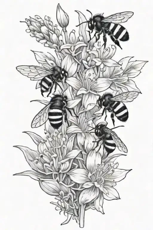 Design A Black-grey Tattoo Of A Saffron Plant With Bumblebees Buzzing Around It