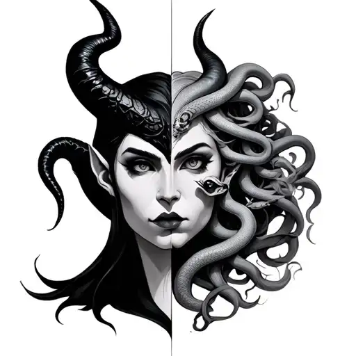 Half Maleficent Head With One Black Horn And Half Medusa Head With Snakes