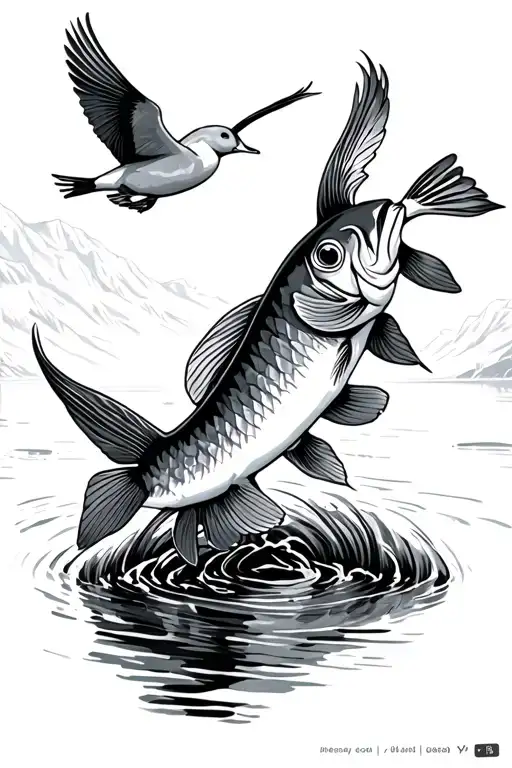 Fish In A Stream With Ducks Flying Over It