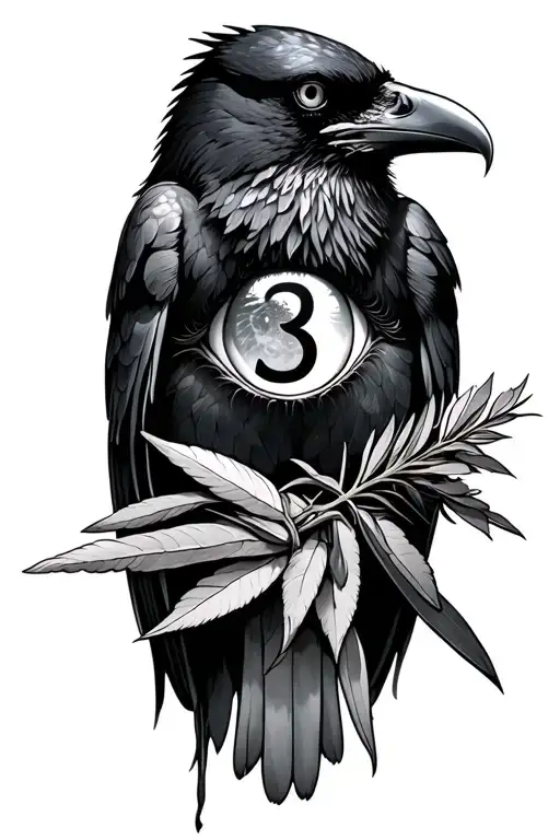 Raven Perched Holding Sage And The Number Three Reflected In Eye