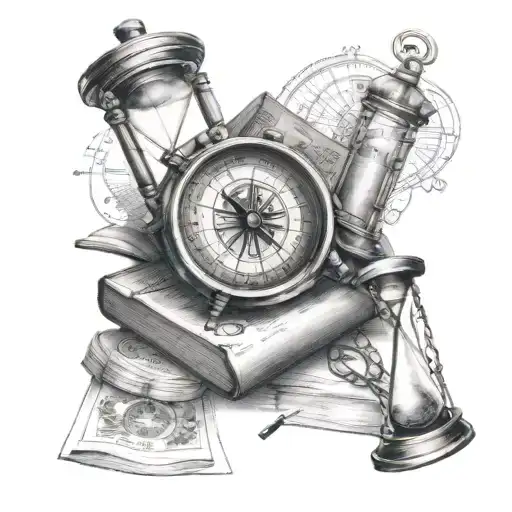 Hyper Realistic Compass And Hourglass Sitting On Books
