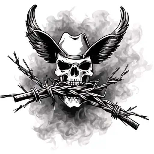 Smoke Back Ground With Western Themed Items Morphing Into Barbed Wire
