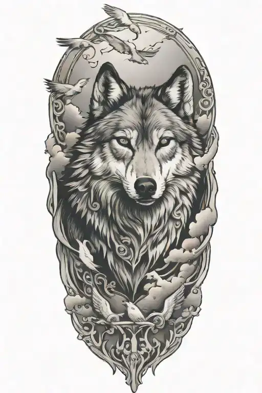 Wolf With Doves Flying Around It With Clouds Around It
