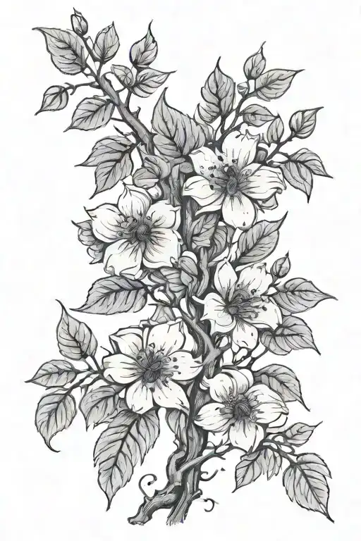 Flowers On A Branch With Leaves And Dry Vine