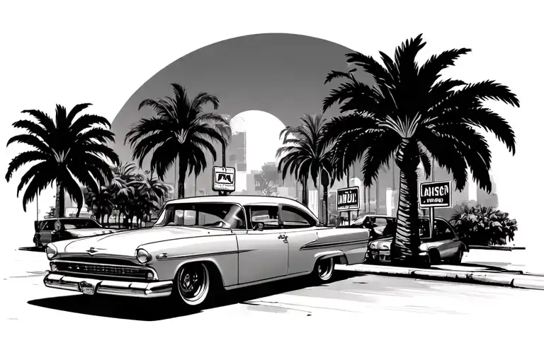 Palm Trees With La And Lowrider Car And Street Scene And Signs
