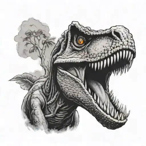 A Black And Grey Tattoo Of A T Rex Roaring With The Words 'Life Finds A Way' From Jurassic Park
