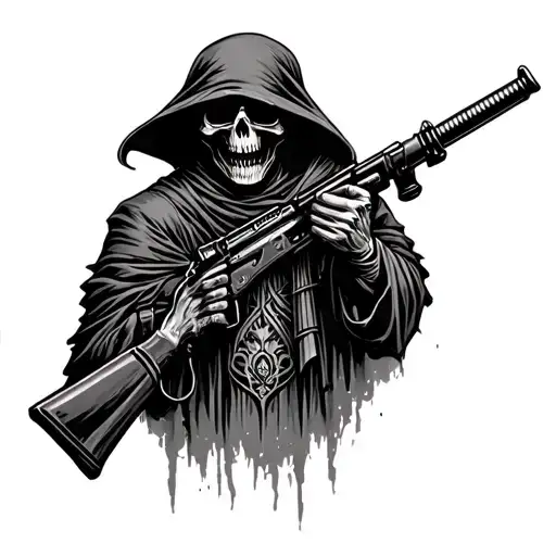 Fear No Evil Grim Reaper Holding Rifle On Back Surrrounded