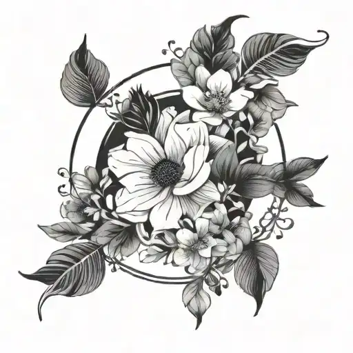 Black And White Minimalist Flowers In A Circle Shape Circle And Emptiness In The Center