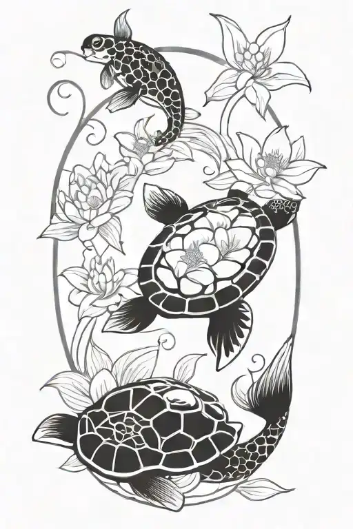 Turtle And Koi Fish And Lotus Flower