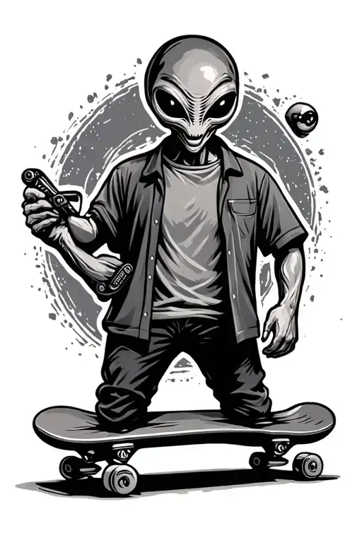 An Alien In A Summer Shirt In One Hand Holds A Jamb And In The Other Skate
