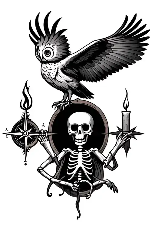 Owl And Compass And Candle Burning Skeleton Suffering