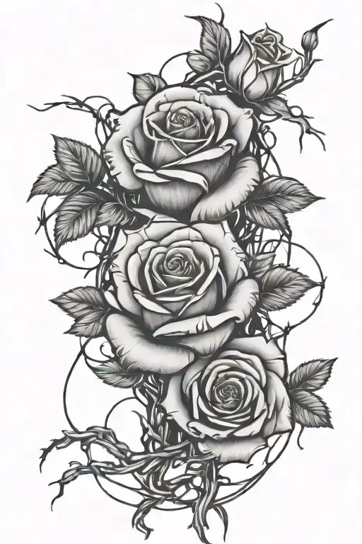 Roses With Vines And Barbed Wire Black Ink