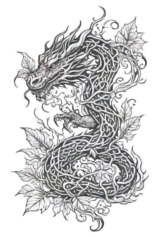 Dragon Hidden In Vines And Leaves Falling