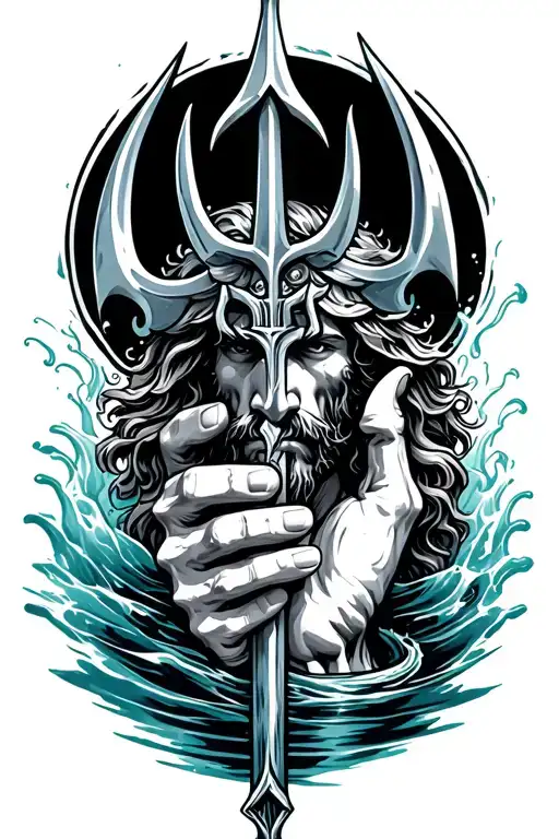 Masculine Hand Holding Poseidon Trident Surrounded In Water