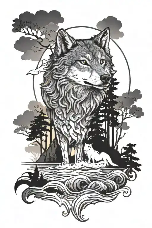 Angel Wolf Sunset Ocean Forest Scene