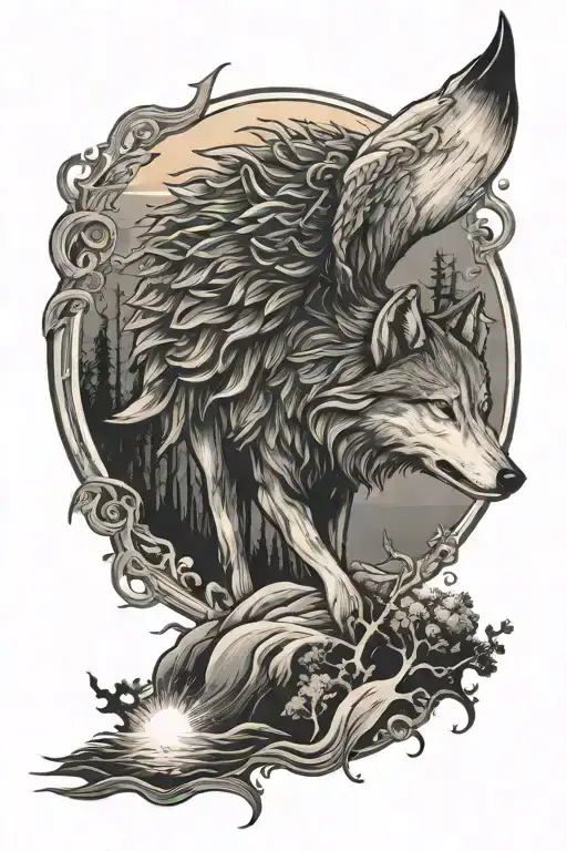 Wolf Angel Sunset Ocean Forest Scene