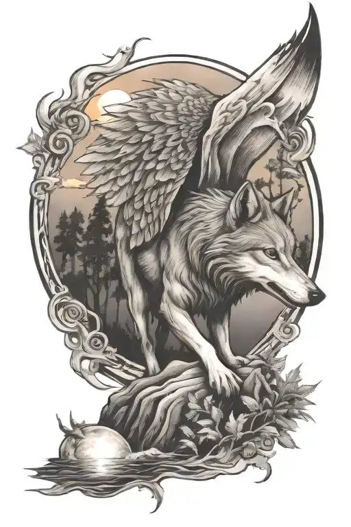 Wolf Angel Sunset Ocean Forest Scene
