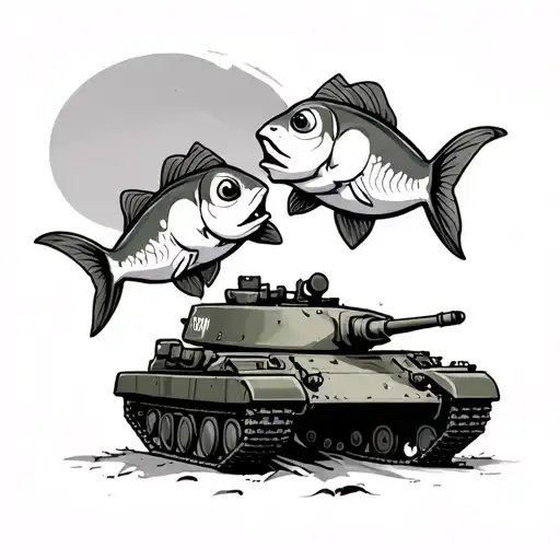 Two Confused Cartoon Fish In An Army Tank