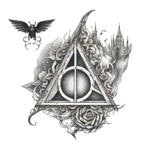 Illustrate The Deathly Hallows Symbol With A Twist Incorporating Other Iconic Harry Potter Elements