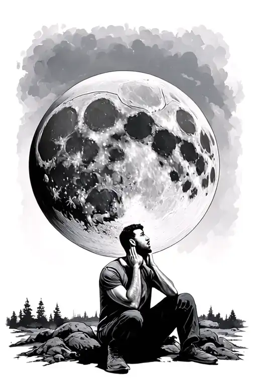 Man Sitting In Front Of Huge Realistic Detailed Moon Resting His Chin On His Fist Looking Up At It