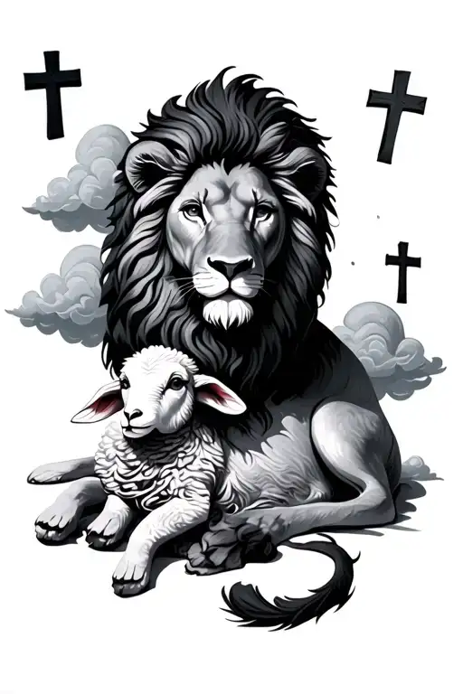 Lion Laying With Lamb 3 Crosses And Clouds Floating