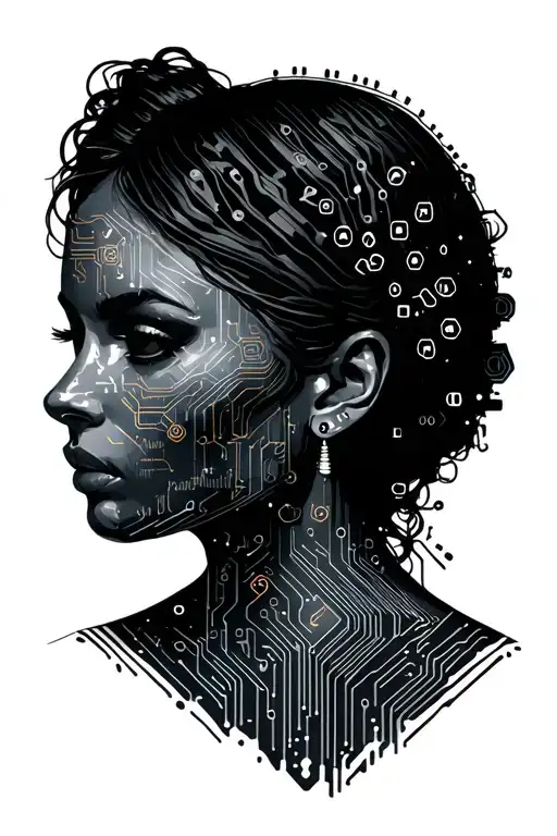 Electronic Circuitry Turning Female Face Coded Hex Figures