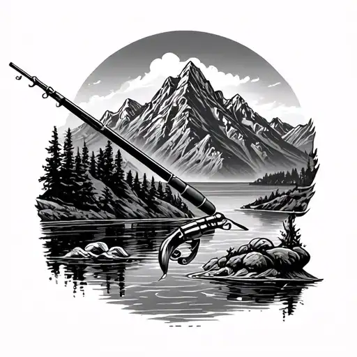 Fishing Rod Casting With Mountains Panorama