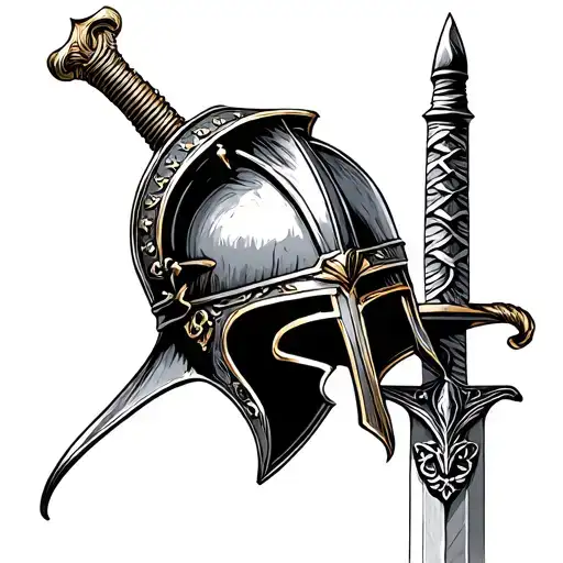 Roman Sword With Roman Helmet Hanging From Swords Handle