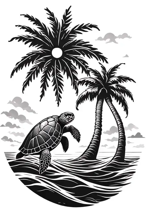 Palm Tree Sun Wave Sea Turtle