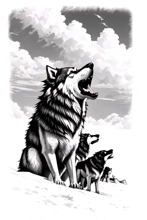 Lone Wolf Howling To Sky With Wolf Pack Looking Down