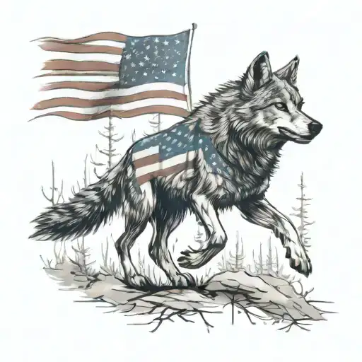 A Sketch Of A Wolf Running Through A Forest With An American Flag Draped Over Its Back