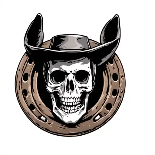 American Trad Cowboy Skeleton On Horse Shoe