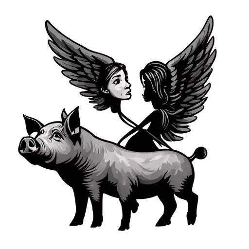 Female Stick Figure With A Down Eared Pig With Angel Wings And An Up Eared Pig With Angel Wings