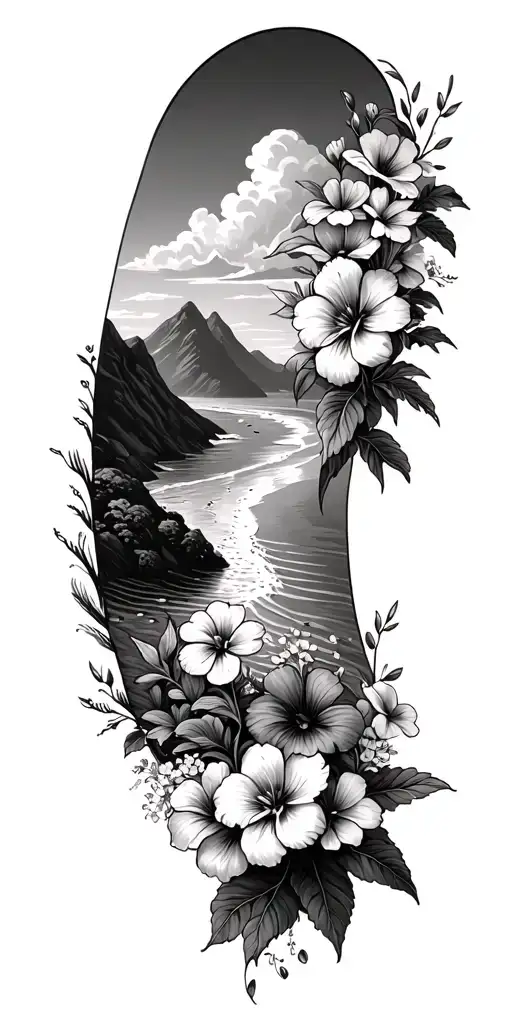 Beach And Mountains Filled With Flowers