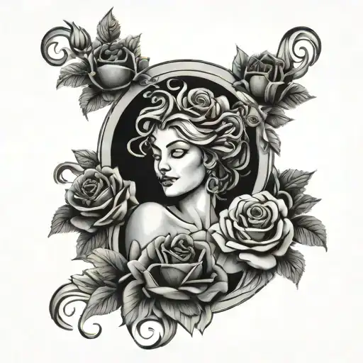 Female Goddess And Roses Surrounding
