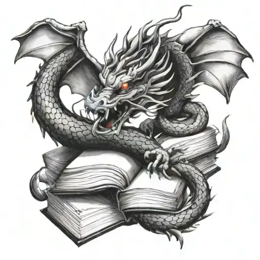 A Detailed Japanese Dragon Intertwining With A Stack Of Books