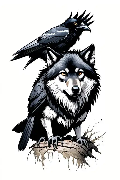 Wolf And Raven Perched