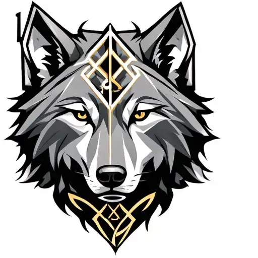 Geometric Grey Wolf With Libra Symbol Intertwined