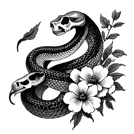 Snake Intertwined With Skulland Flowers