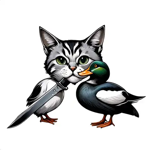 Cat Holding A Knife Matching A Duck Holding A Knife