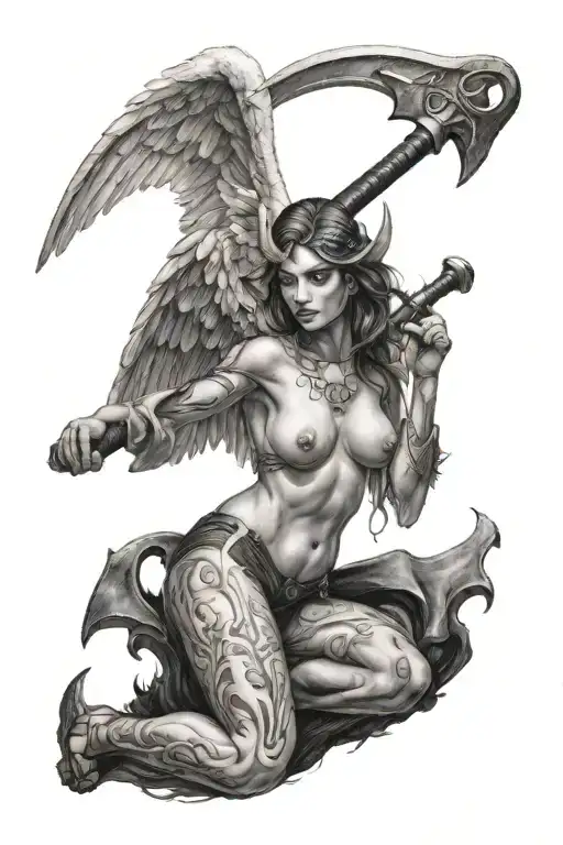 Topless Female Angel Holding A Battle Axe Inspired