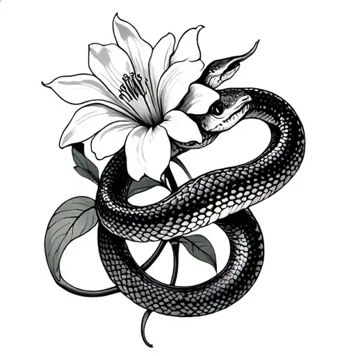 Snake Wrapped Around Orcid Flower Intertwined